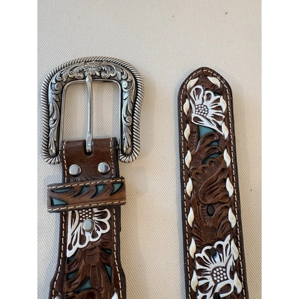 NWT Nocona XL Tooled Leather Western Belt Floral Turquoise Inlay 1.5